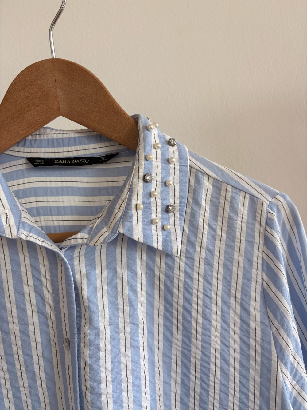 Zara Light Blue Striped Button Down Shirt with Pearl and Crystal Accent Collar